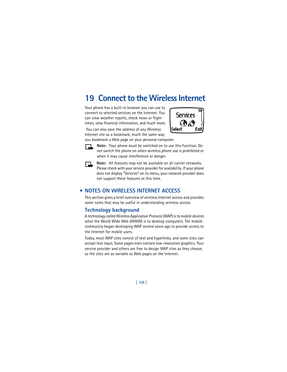 19 connect to the wireless internet, Notes on wireless internet access, Technology background | Nokia 3361 User Manual | Page 117 / 174