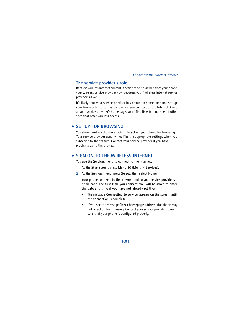The service provider’s role, Set up for browsing, Sign on to the wireless internet | Nokia 3361 User Manual | Page 118 / 174