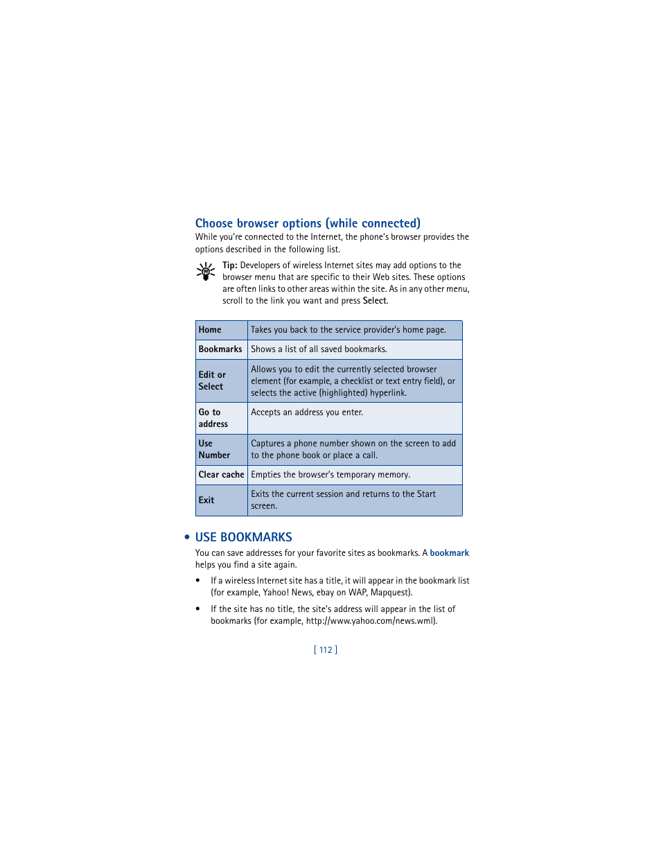 Choose browser options (while connected), Use bookmarks | Nokia 3361 User Manual | Page 121 / 174