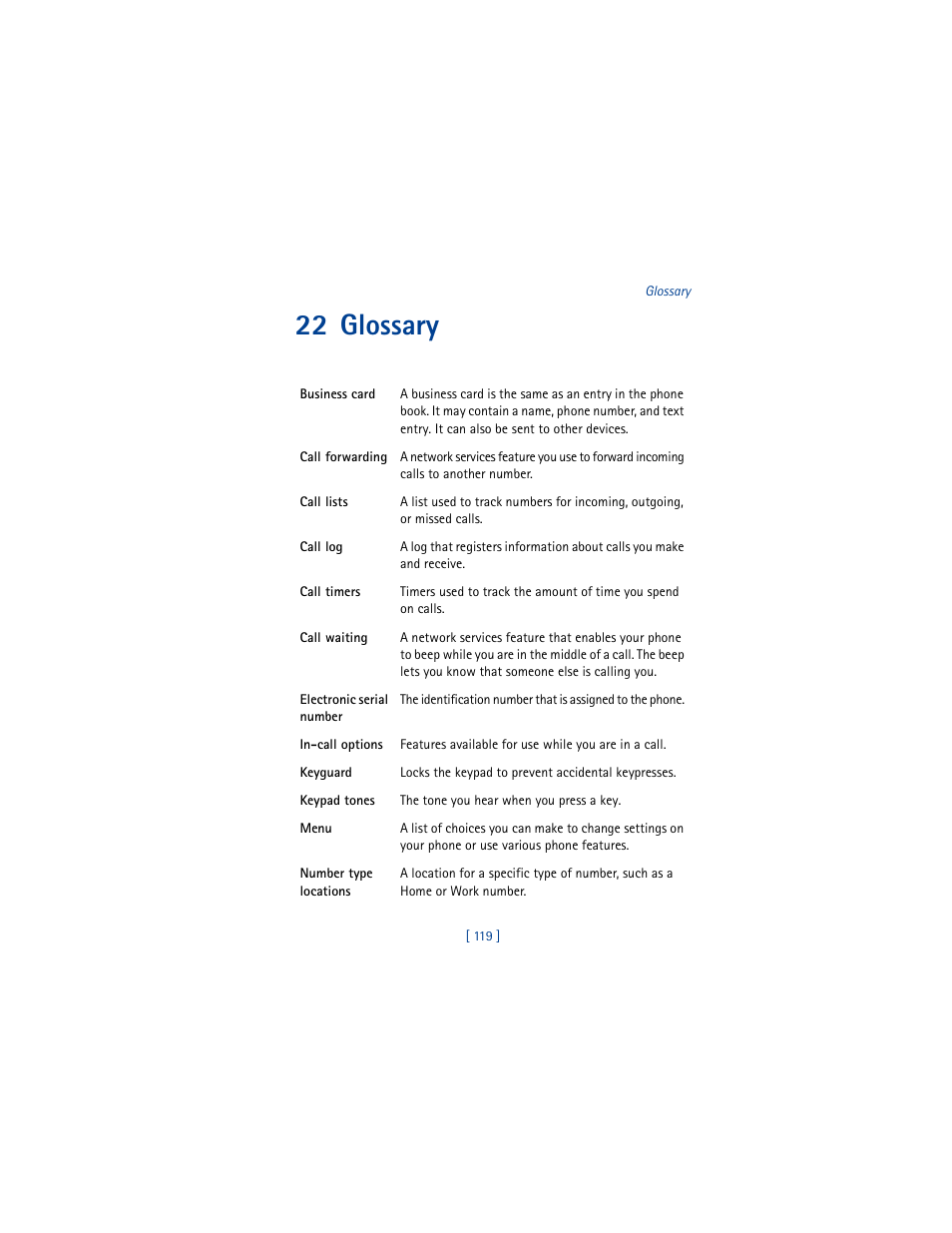 22 glossary | Nokia 3361 User Manual | Page 128 / 174