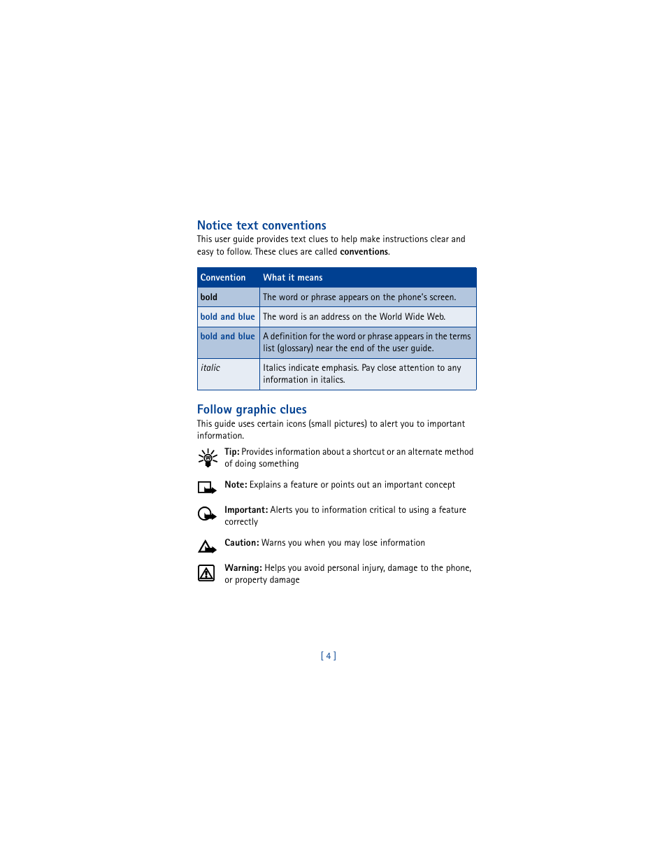 Notice text conventions, Follow graphic clues | Nokia 3361 User Manual | Page 13 / 174