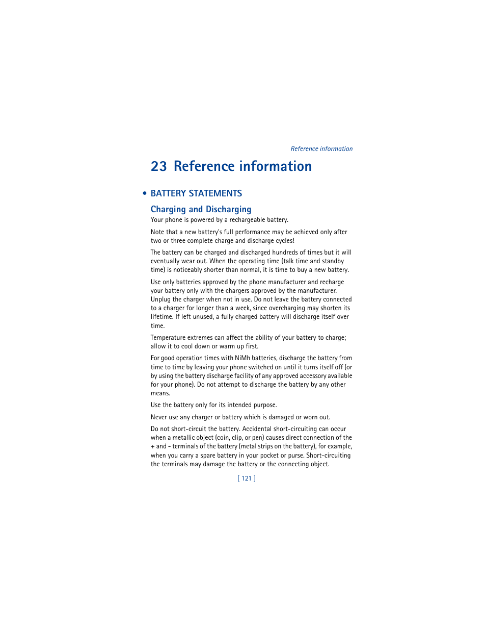 23 reference information, Battery statements, Charging and discharging | Nokia 3361 User Manual | Page 130 / 174