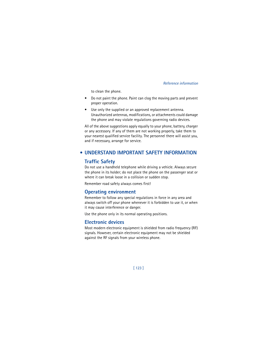 Understand important safety information, Traffic safety, Operating environment | Electronic devices | Nokia 3361 User Manual | Page 132 / 174