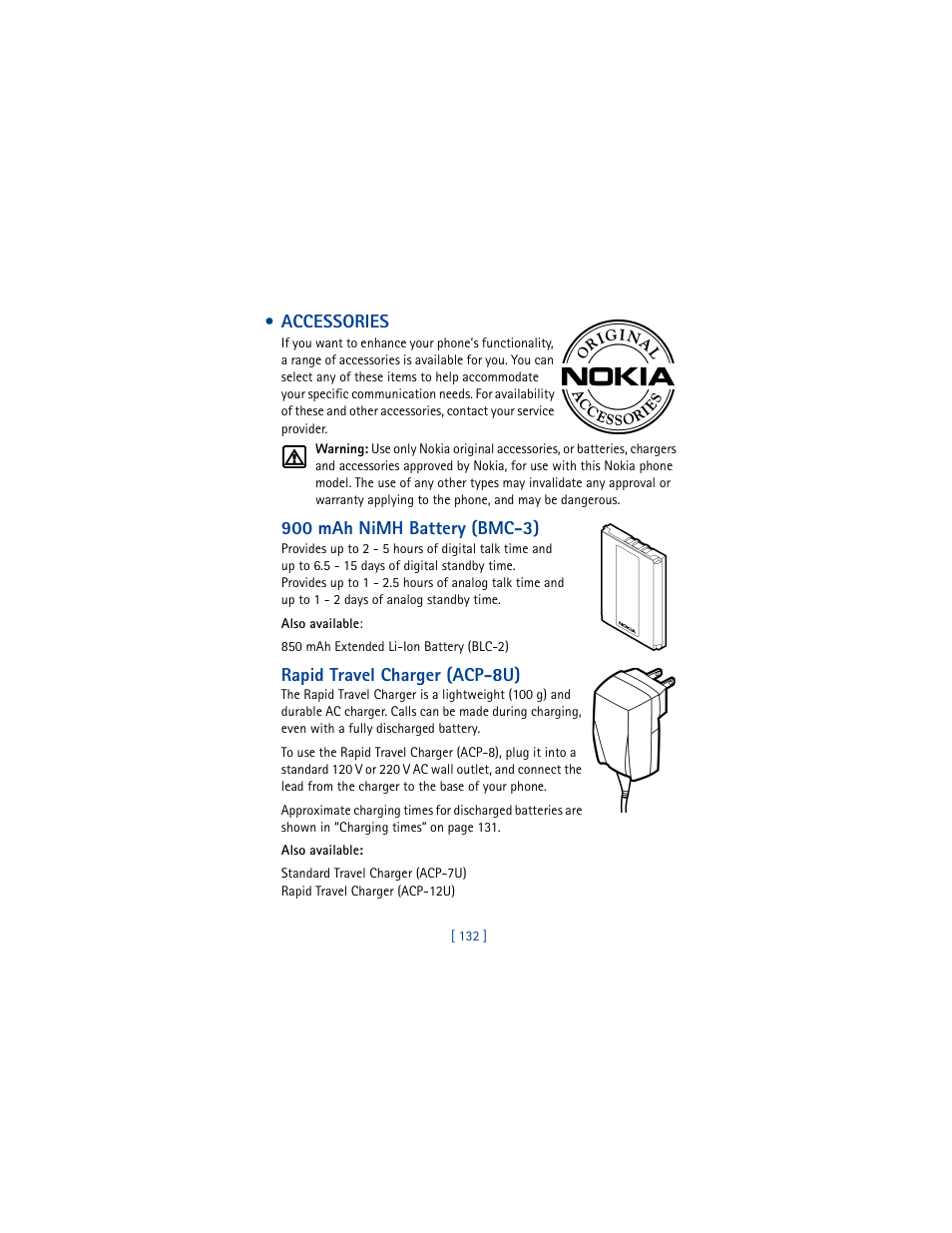 Accessories, 900 mah nimh battery (bmc-3), Rapid travel charger (acp-8u) | Nokia 3361 User Manual | Page 141 / 174