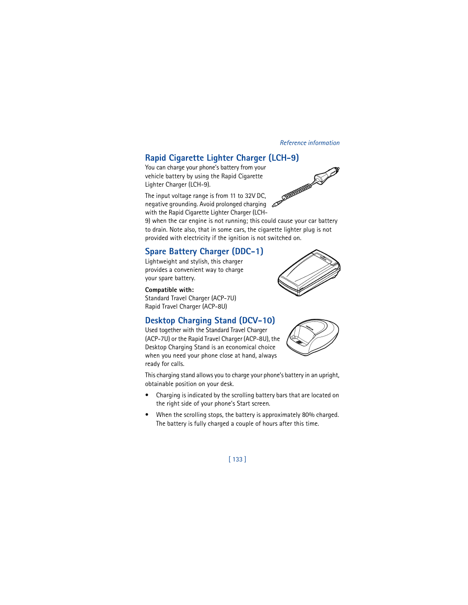 Rapid cigarette lighter charger (lch-9), Spare battery charger (ddc-1), Desktop charging stand (dcv-10) | Nokia 3361 User Manual | Page 142 / 174