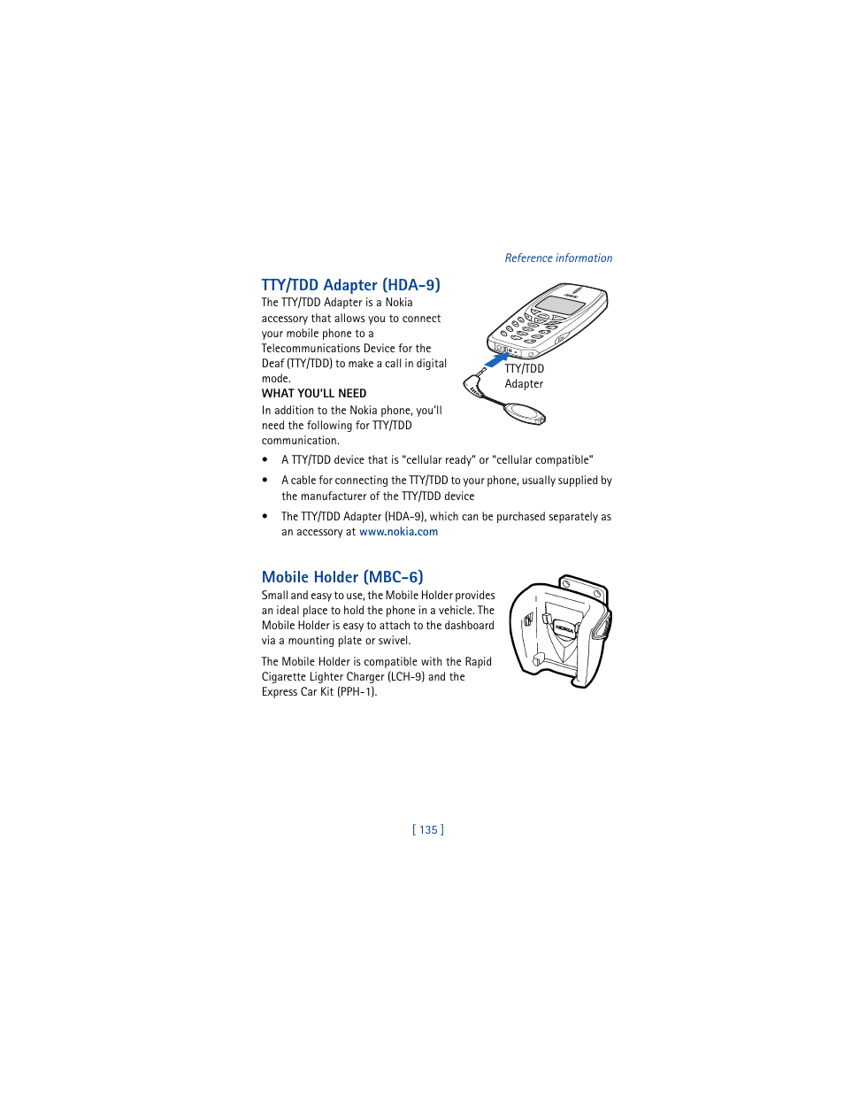Tty/tdd adapter (hda-9), What you’ll need, Mobile holder (mbc-6) | Nokia 3361 User Manual | Page 144 / 174