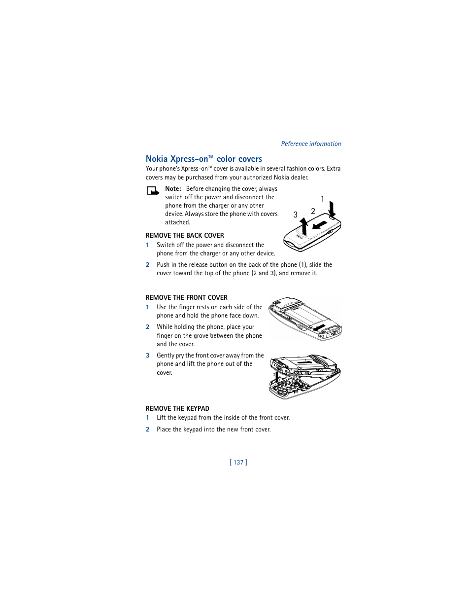 Nokia xpress-on™ color covers, Remove the back cover, Remove the front cover | Remove the keypad, 2 place the keypad into the new front cover | Nokia 3361 User Manual | Page 146 / 174