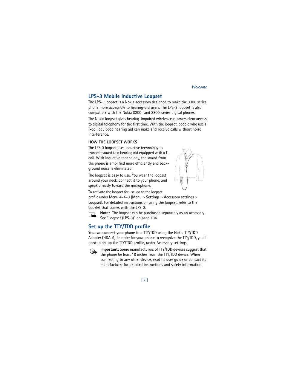 Lps-3 mobile inductive loopset, How the loopset works, Set up the tty/tdd profile | Nokia 3361 User Manual | Page 16 / 174