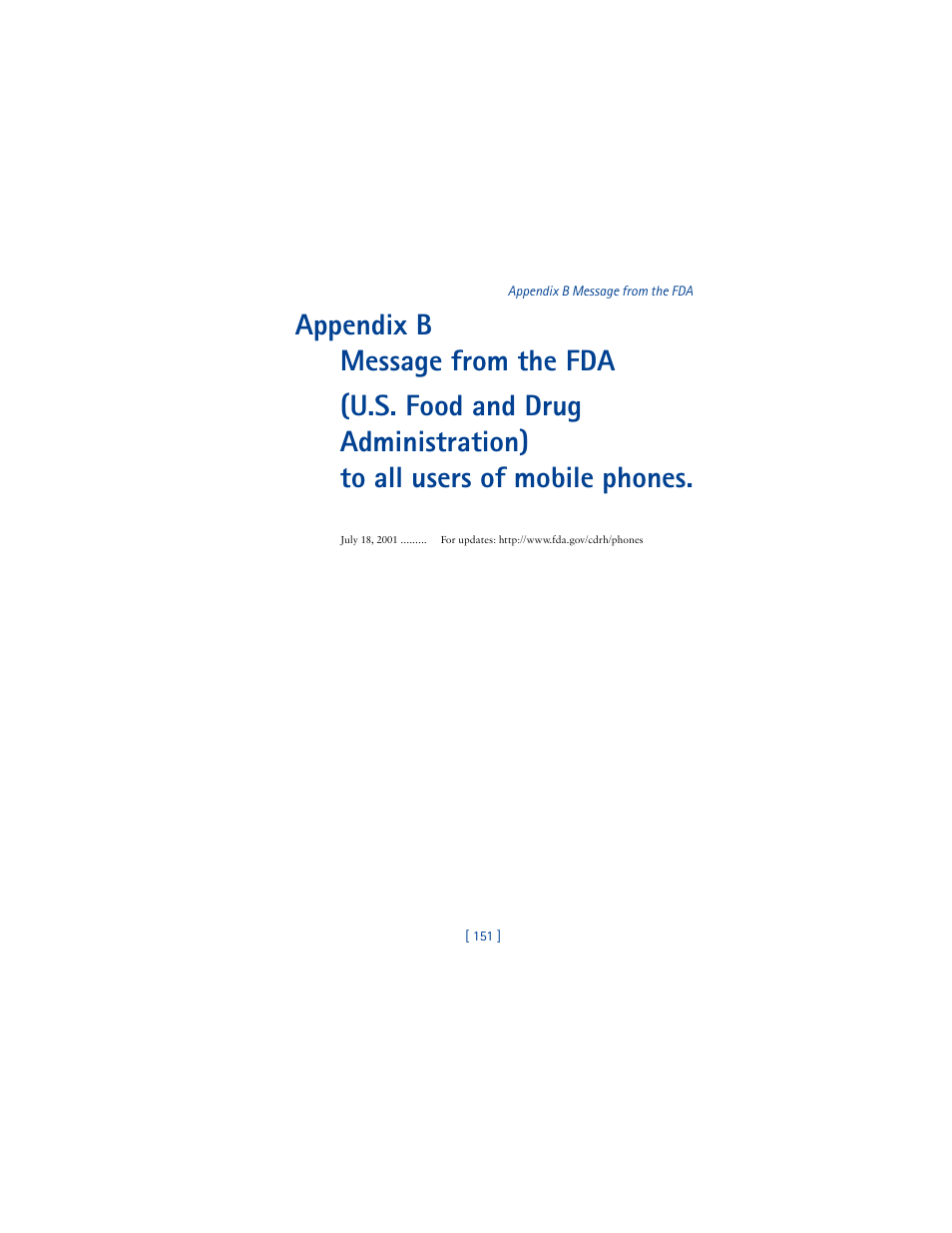 Appendix b message from the fda | Nokia 3361 User Manual | Page 160 / 174