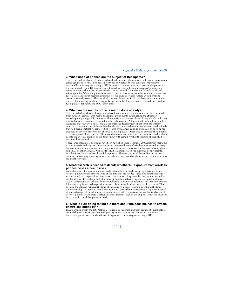 153 ] appendix b message from the fda | Nokia 3361 User Manual | Page 162 / 174