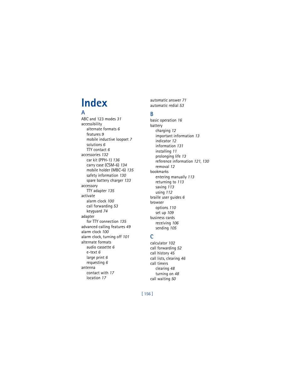 Index | Nokia 3361 User Manual | Page 165 / 174
