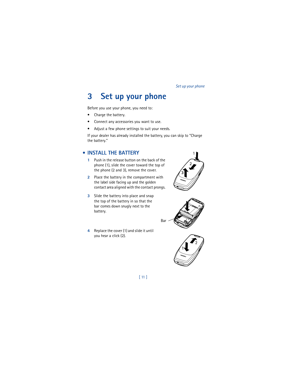 3 set up your phone, Install the battery, Set up your phone | 3set up your phone | Nokia 3361 User Manual | Page 20 / 174