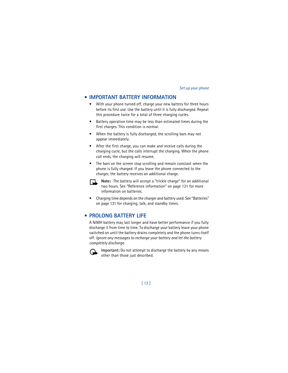 Important battery information, Prolong battery life, Important battery information prolong battery life | Nokia 3361 User Manual | Page 22 / 174