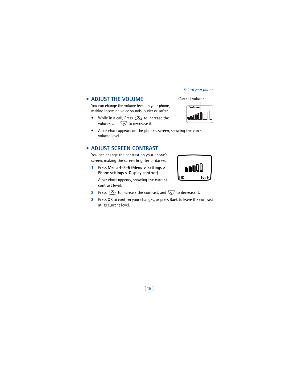 Adjust the volume, Adjust screen contrast, Adjust the volume adjust screen contrast | Nokia 3361 User Manual | Page 24 / 174