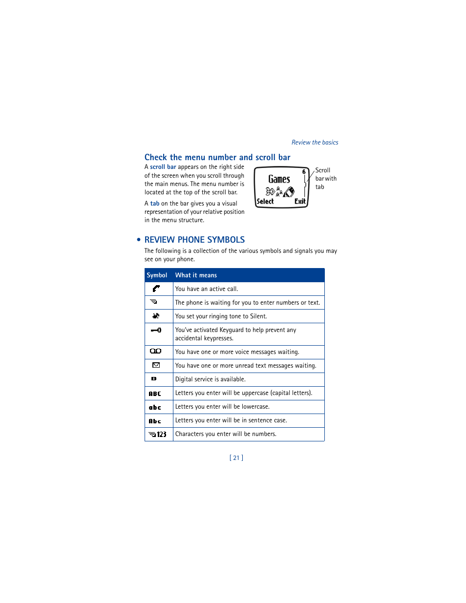 Check the menu number and scroll bar, Review phone symbols | Nokia 3361 User Manual | Page 30 / 174