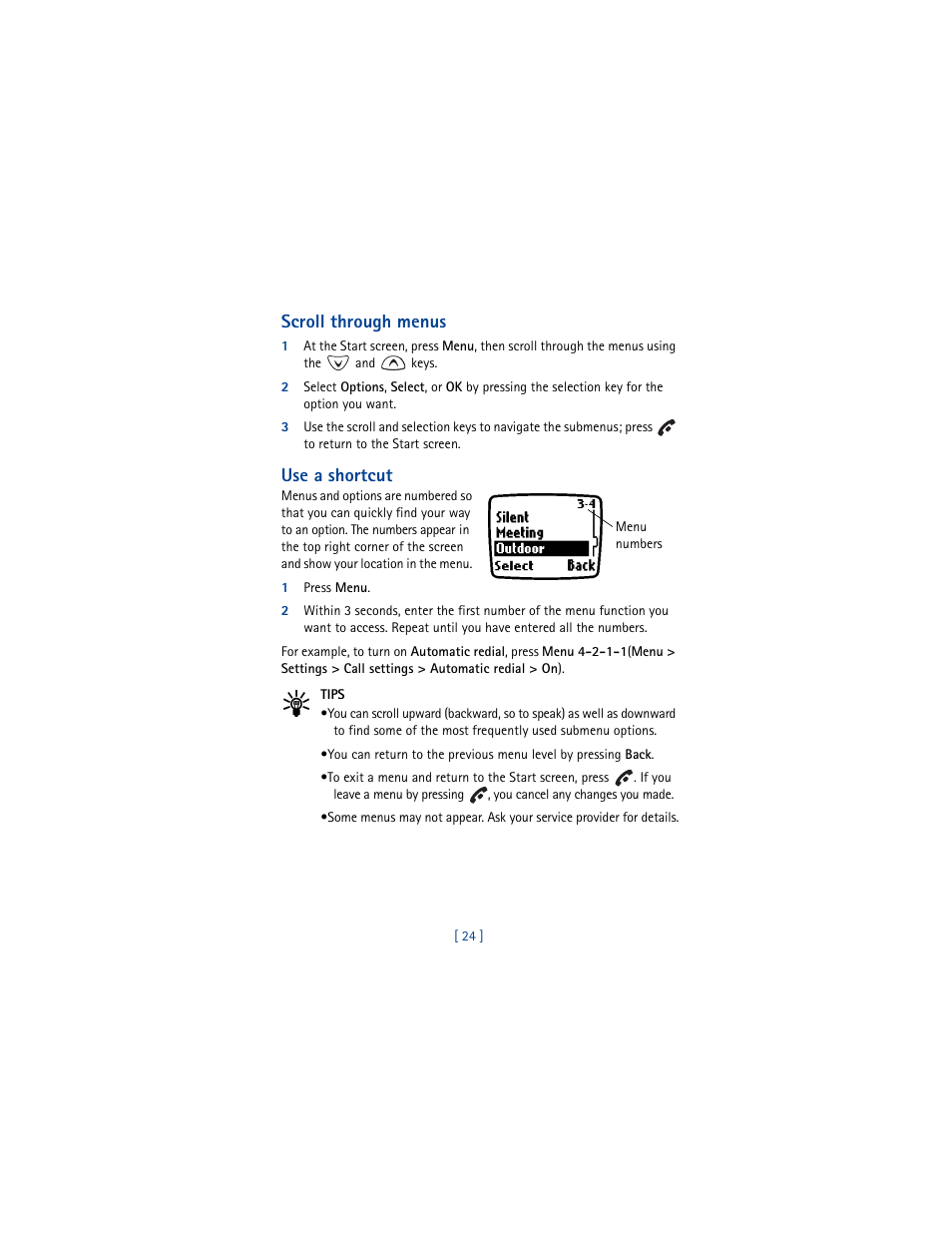 Scroll through menus, Use a shortcut, 1 press menu | Tips | Nokia 3361 User Manual | Page 33 / 174