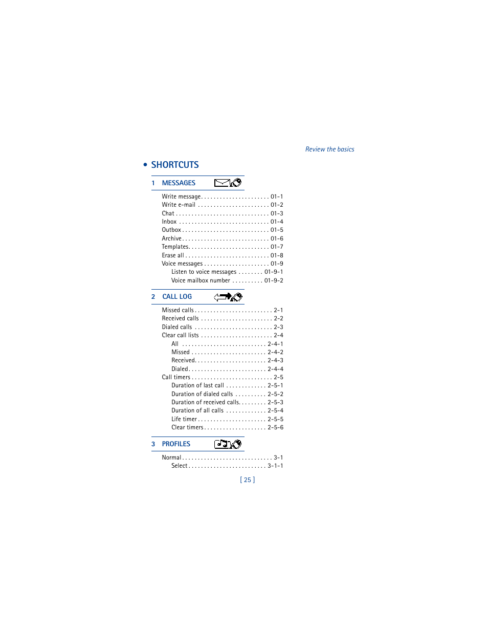 Shortcuts, 1 messages, 2 call log | 3 profiles | Nokia 3361 User Manual | Page 34 / 174