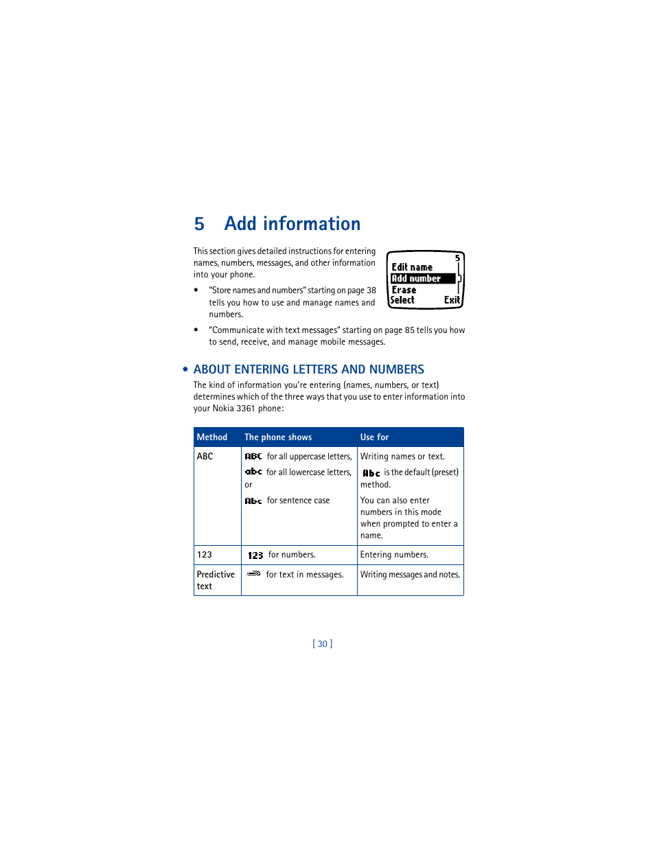 5 add information, About entering letters and numbers, Add information | 5add information | Nokia 3361 User Manual | Page 39 / 174