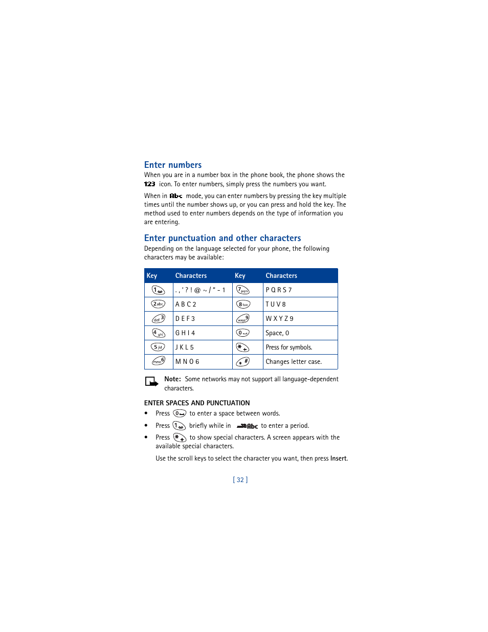 Enter numbers, Enter punctuation and other characters, Enter spaces and punctuation | Nokia 3361 User Manual | Page 41 / 174