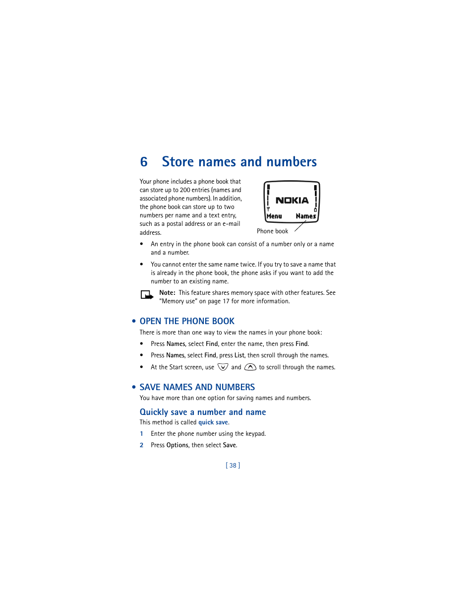 6 store names and numbers, Open the phone book, Save names and numbers | Quickly save a number and name, 1 enter the phone number using the keypad, 2 press options, then select save, Store names and numbers, Open the phone book save names and numbers, Store names and numbers” s, 6store names and numbers | Nokia 3361 User Manual | Page 47 / 174