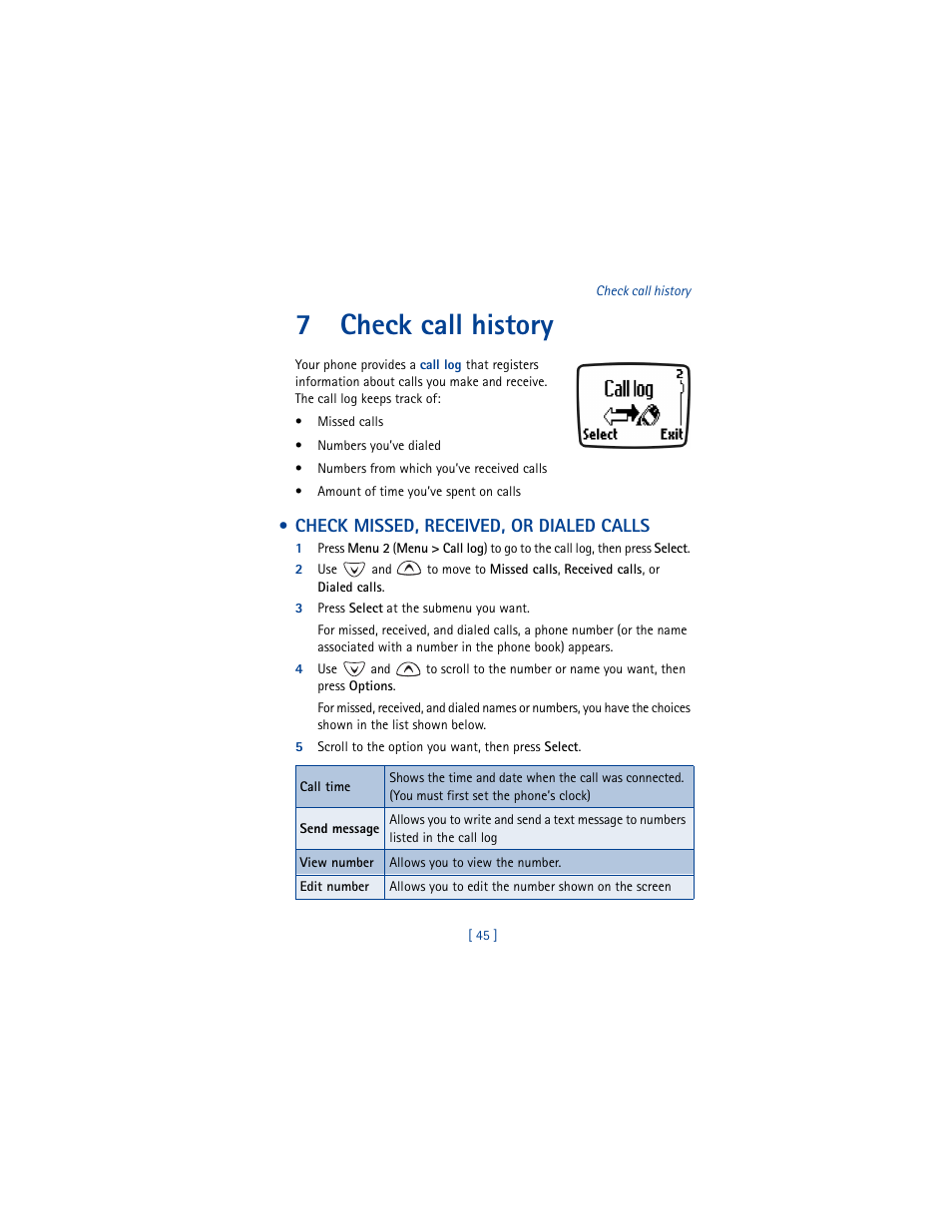 7 check call history, Check missed, received, or dialed calls, 3 press select at the submenu you want | 5 scroll to the option you want, then press select, Check call history, 7check call history | Nokia 3361 User Manual | Page 54 / 174