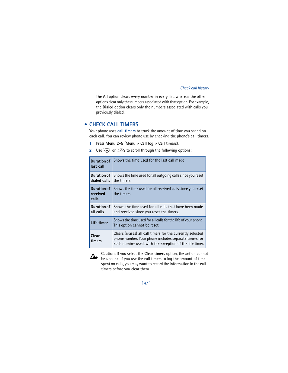 Check call timers, 1 press menu 2-5 (menu > call log > call timers), 2 use or to scroll through the following options | Nokia 3361 User Manual | Page 56 / 174