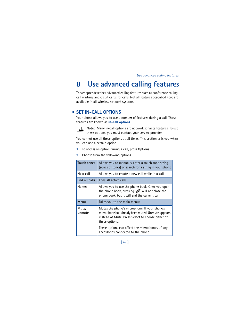 8 use advanced calling features, Set in-call options, 1 to access an option during a call, press options | 2 choose from the following options, Use advanced calling features, Restrict calls, 8use advanced calling features | Nokia 3361 User Manual | Page 58 / 174