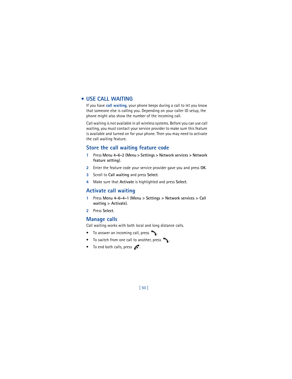 Use call waiting, Store the call waiting feature code, 3 scroll to call waiting and press select | Activate call waiting, 2 press select, Manage calls | Nokia 3361 User Manual | Page 59 / 174