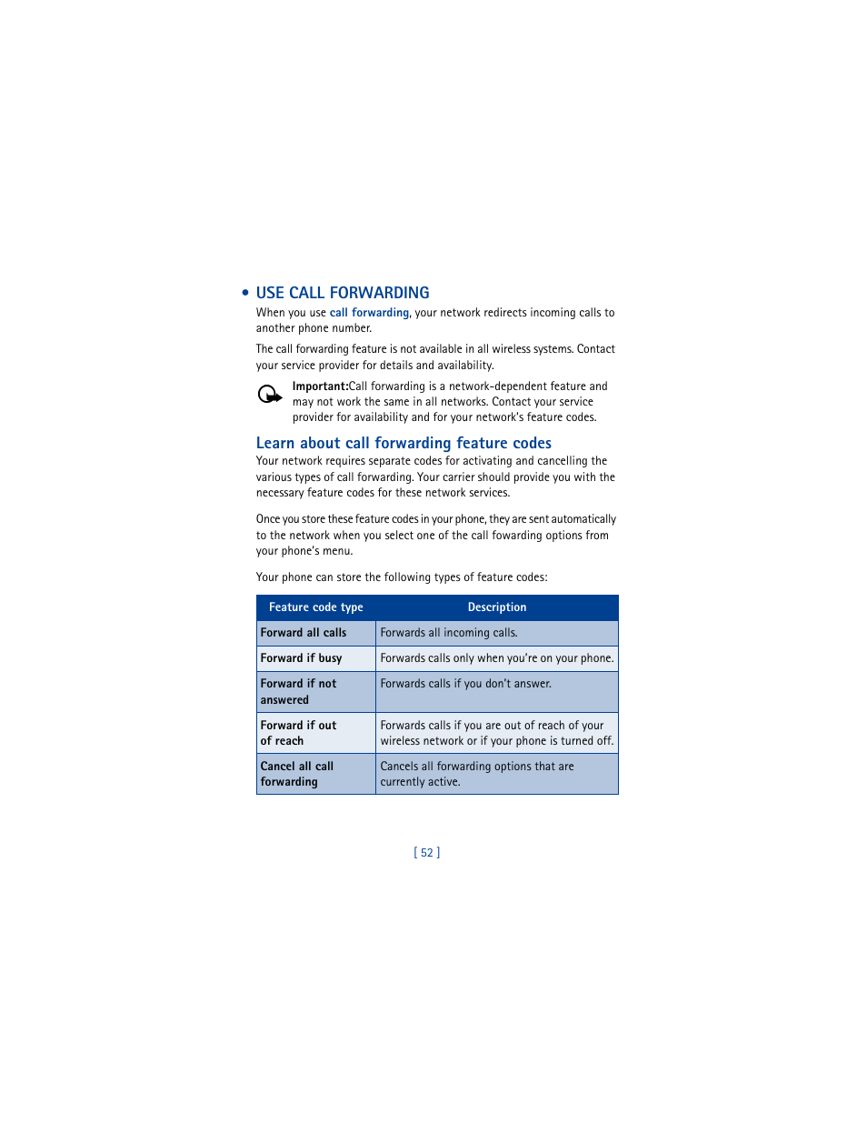 Use call forwarding, Learn about call forwarding feature codes | Nokia 3361 User Manual | Page 61 / 174