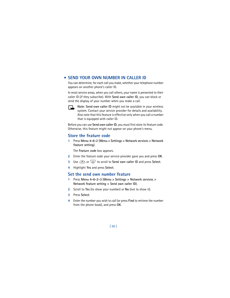 Send your own number in caller id, Store the feature code, 4 highlight yes and press select | Set the send own number feature, 3 press select | Nokia 3361 User Manual | Page 65 / 174