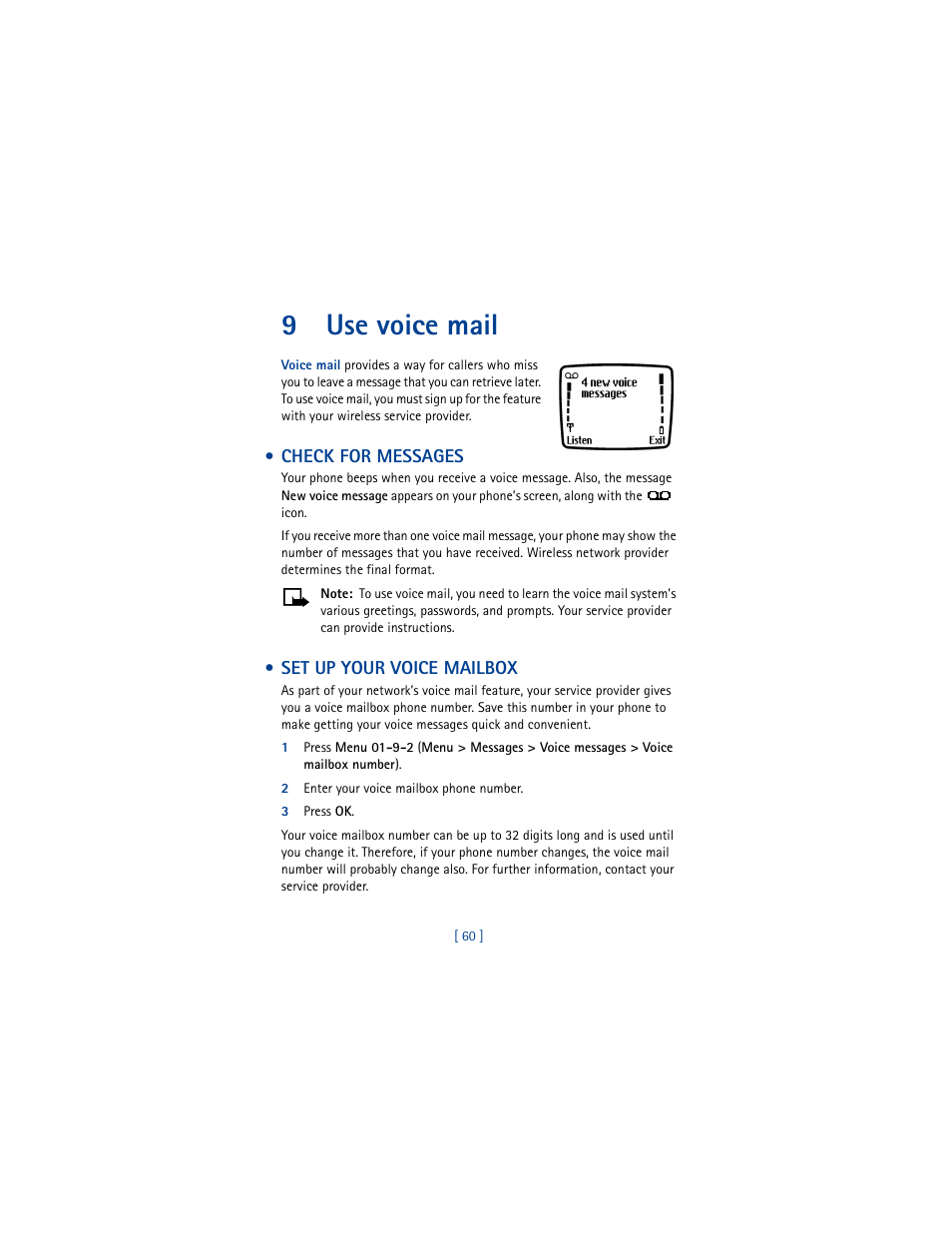 9 use voice mail, Check for messages, Set up your voice mailbox | 2 enter your voice mailbox phone number, 3 press ok, Use voice mail, Check for messages set up your voice mailbox, 9use voice mail | Nokia 3361 User Manual | Page 69 / 174