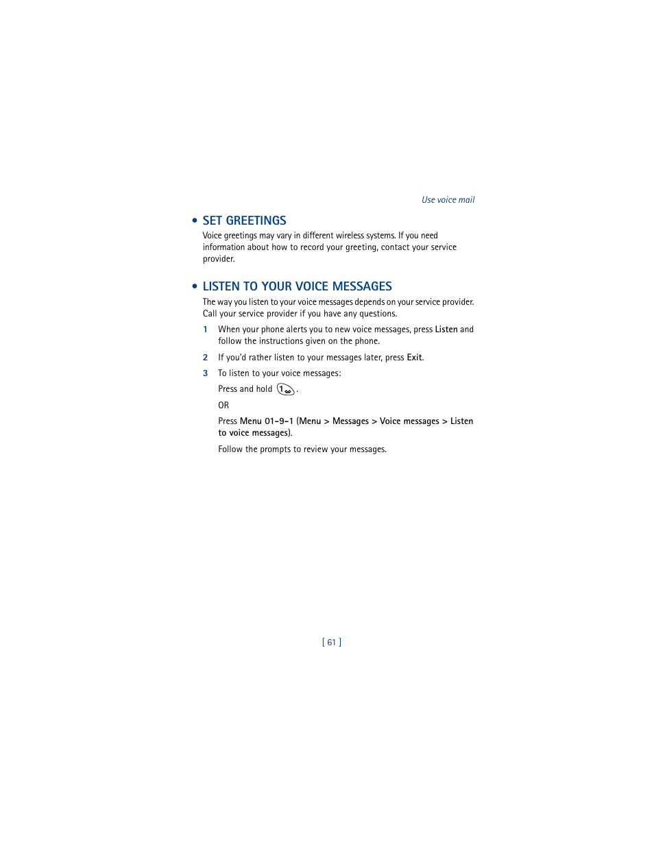 Set greetings, Listen to your voice messages, 3 to listen to your voice messages | Set greetings listen to your voice messages | Nokia 3361 User Manual | Page 70 / 174