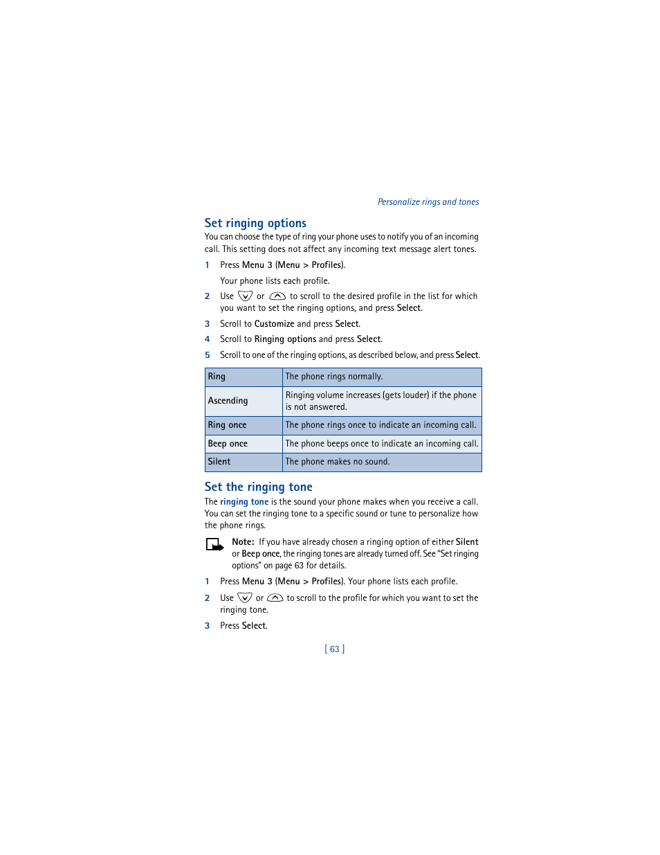 Set ringing options, 1 press menu 3 (menu > profiles), 3 scroll to customize and press select | 4 scroll to ringing options and press select, Set the ringing tone, 3 press select | Nokia 3361 User Manual | Page 72 / 174