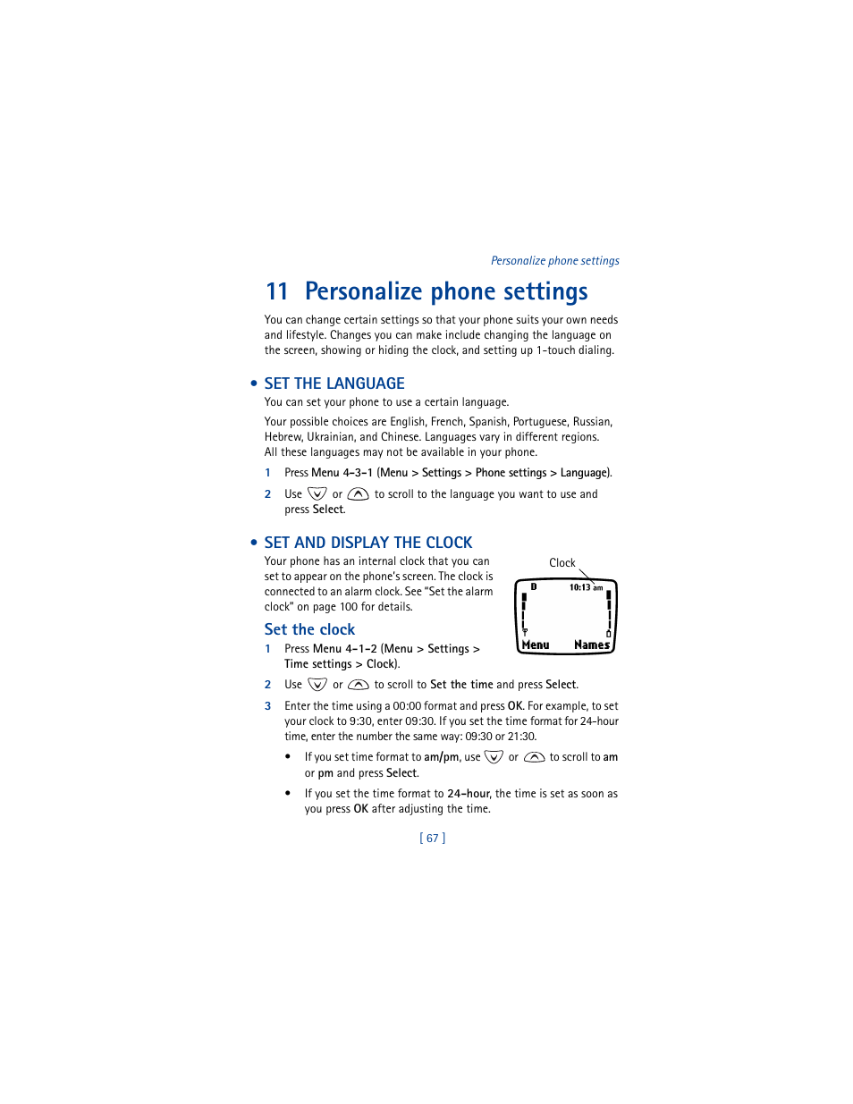 11 personalize phone settings, Set the language, Set and display the clock | Set the clock, Set the language set and display the clock | Nokia 3361 User Manual | Page 76 / 174