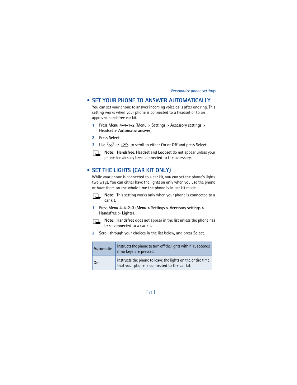 Set your phone to answer automatically, 2 press select, Set the lights (car kit only) | Nokia 3361 User Manual | Page 80 / 174