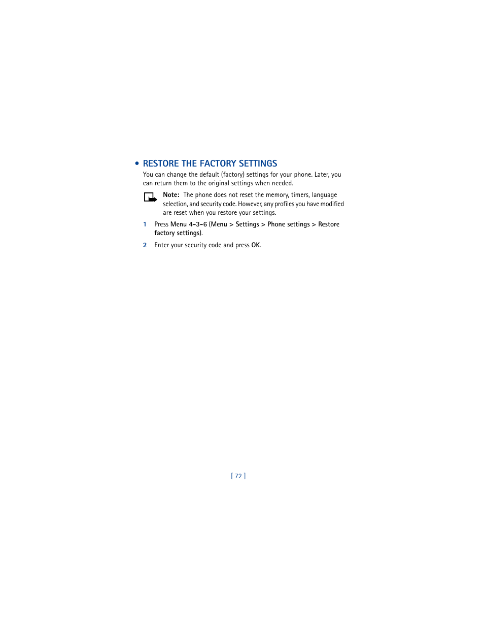 Restore the factory settings, 2 enter your security code and press ok | Nokia 3361 User Manual | Page 81 / 174