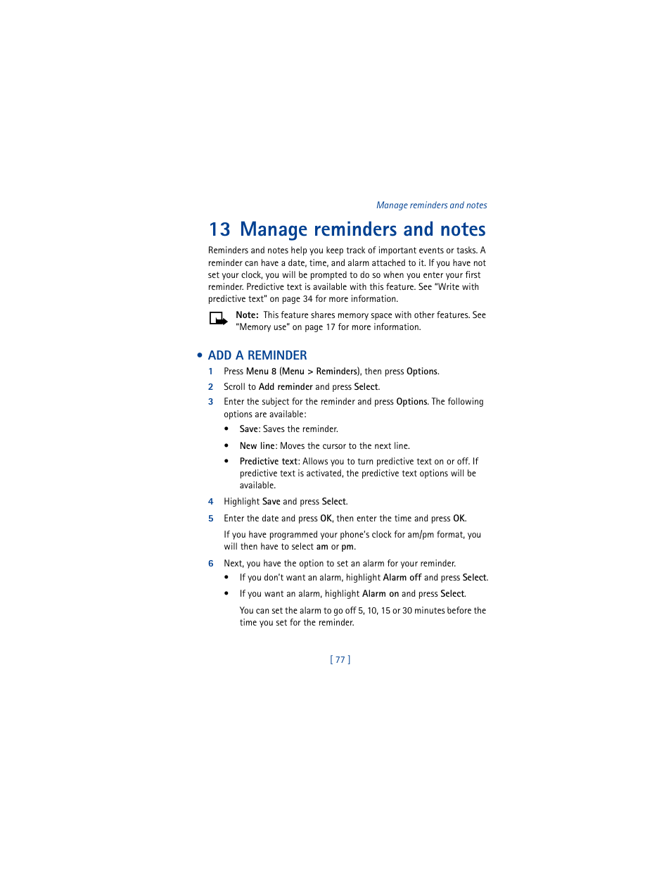 13 manage reminders and notes, Add a reminder, 2 scroll to add reminder and press select | 4 highlight save and press select | Nokia 3361 User Manual | Page 86 / 174