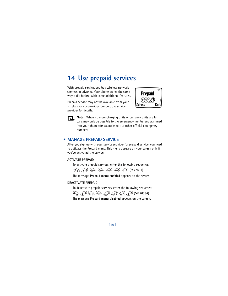 14 use prepaid services, Manage prepaid service, Activate prepaid | Deactivate prepaid | Nokia 3361 User Manual | Page 89 / 174