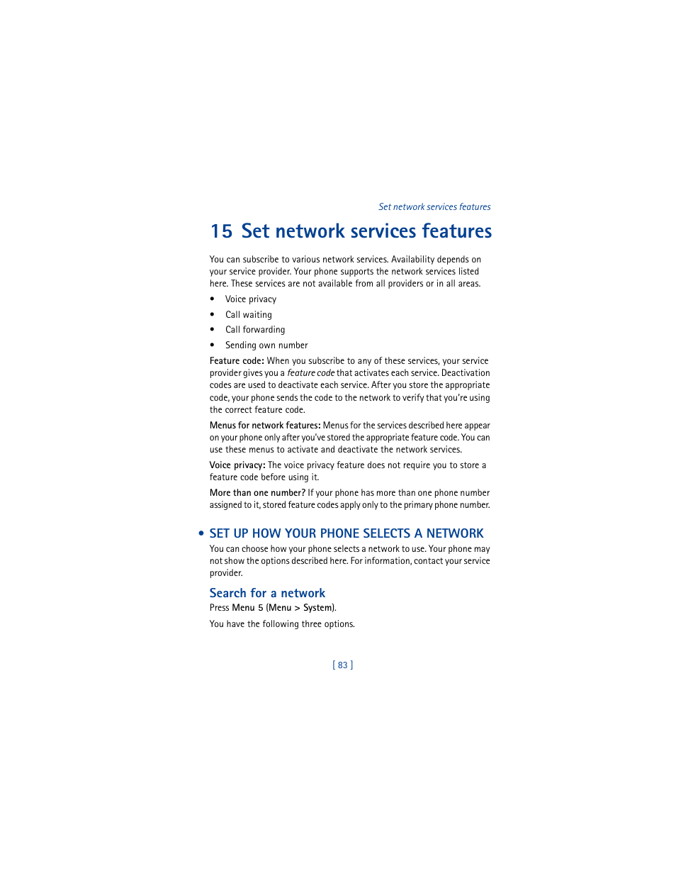 15 set network services features, Set up how your phone selects a network, Search for a network | Nokia 3361 User Manual | Page 92 / 174