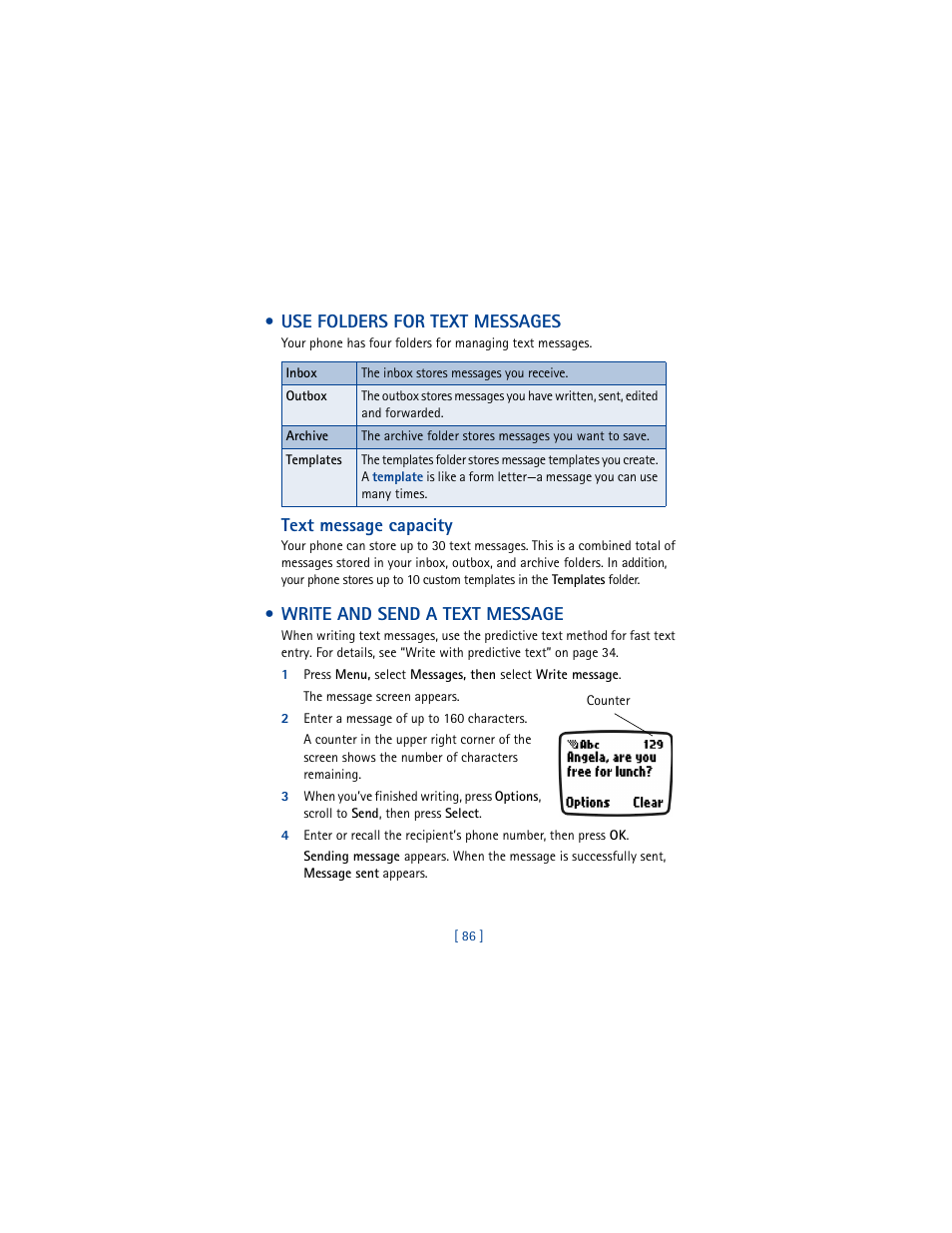 Use folders for text messages, Text message capacity, Write and send a text message | 2 enter a message of up to 160 characters | Nokia 3361 User Manual | Page 95 / 174