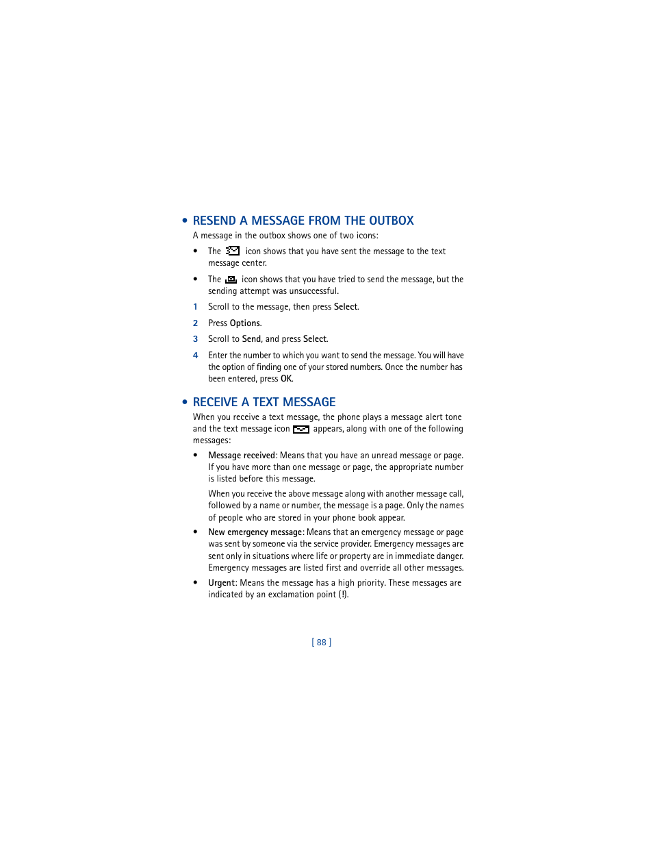Resend a message from the outbox, 1 scroll to the message, then press select, 2 press options | 3 scroll to send, and press select, Receive a text message | Nokia 3361 User Manual | Page 97 / 174