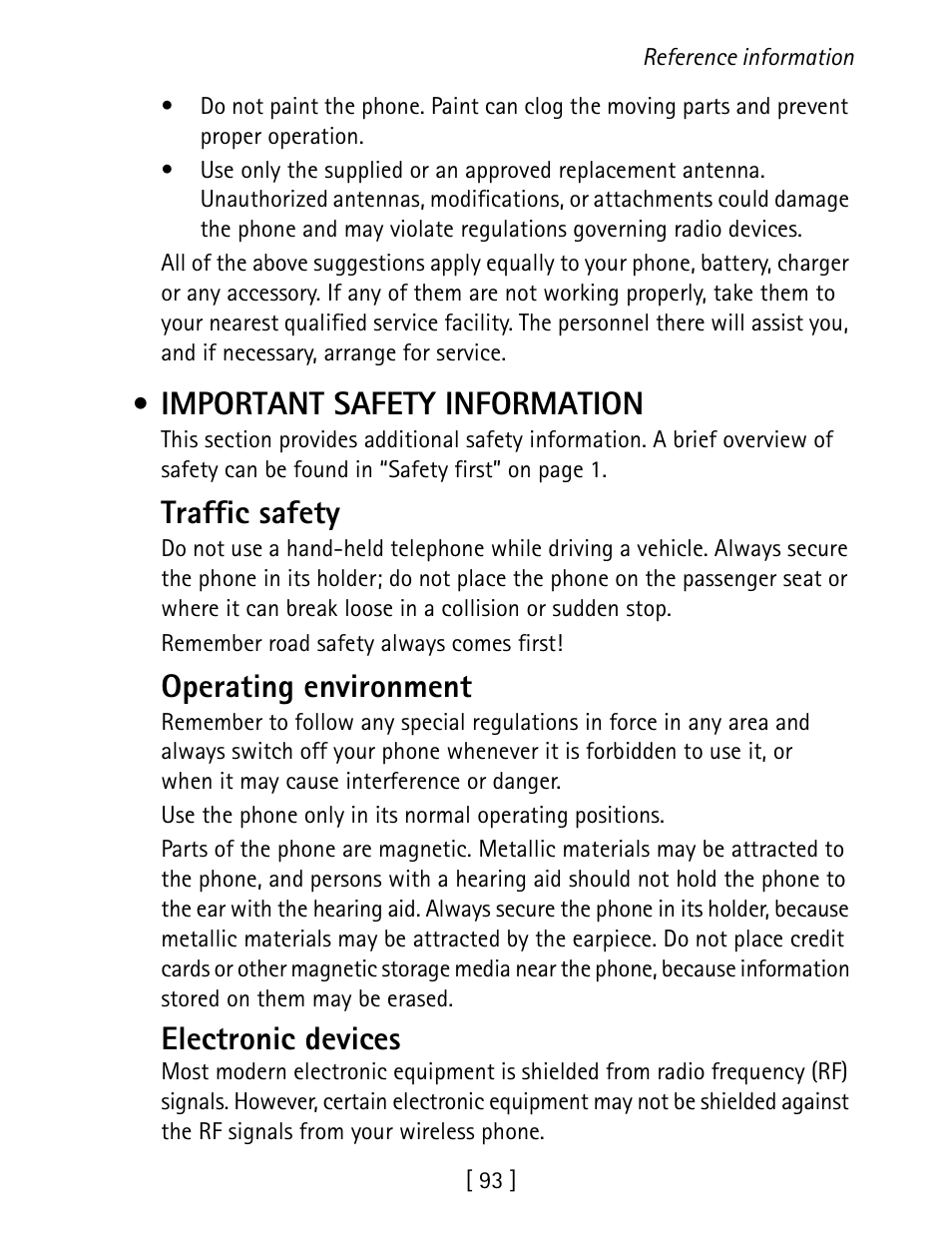 Important safety information, Traffic safety, Operating environment | Electronic devices | Nokia 1260 User Manual | Page 100 / 129