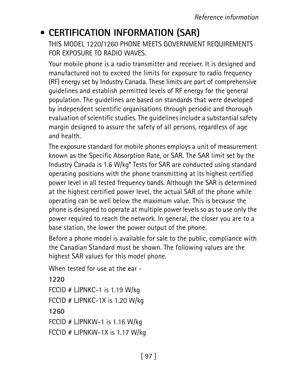 Certification information (sar) | Nokia 1260 User Manual | Page 104 / 129