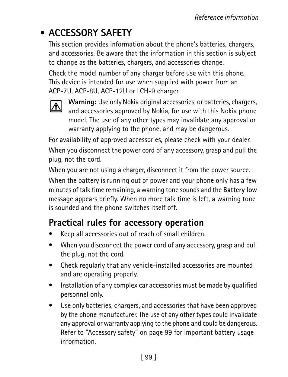 Accessory safety, Practical rules for accessory operation | Nokia 1260 User Manual | Page 106 / 129