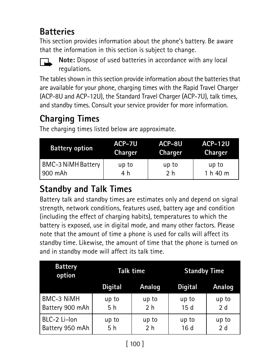 Batteries, Charging times, Standby and talk times | Nokia 1260 User Manual | Page 107 / 129