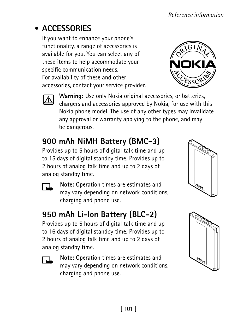 Accessories, 900 mah nimh battery (bmc-3), 950 mah li-ion battery (blc-2) | Nokia 1260 User Manual | Page 108 / 129