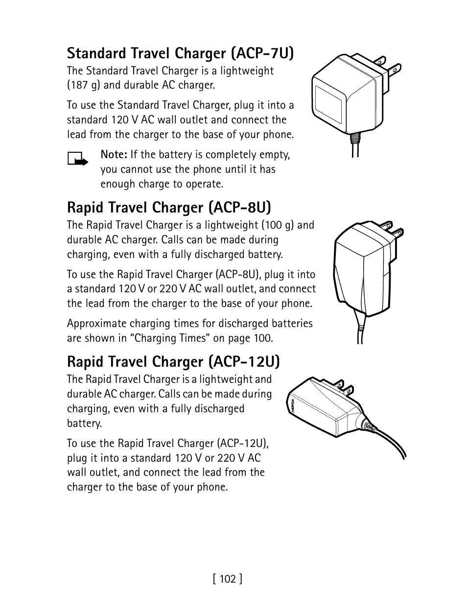 Standard travel charger (acp-7u), Rapid travel charger (acp-8u), Rapid travel charger (acp-12u) | Nokia 1260 User Manual | Page 109 / 129