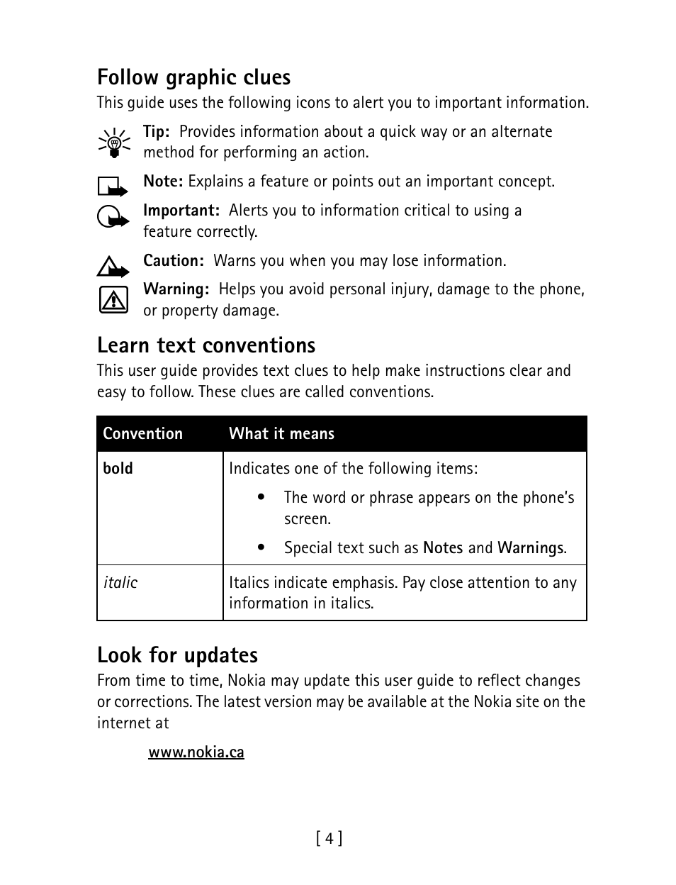 Follow graphic clues, Learn text conventions, Look for updates | Nokia 1260 User Manual | Page 11 / 129