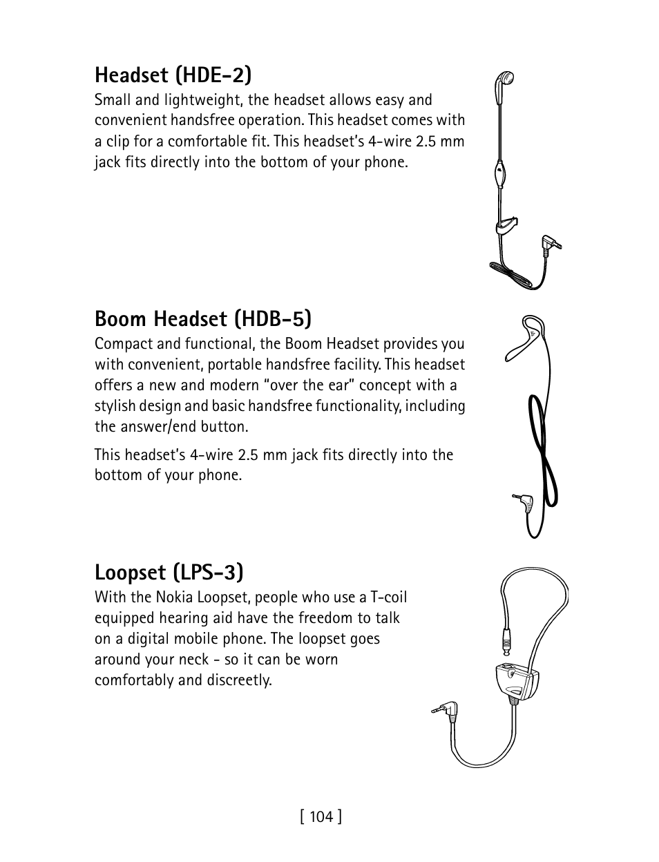 Headset (hde-2), Boom headset (hdb-5), Loopset (lps-3) | Nokia 1260 User Manual | Page 111 / 129