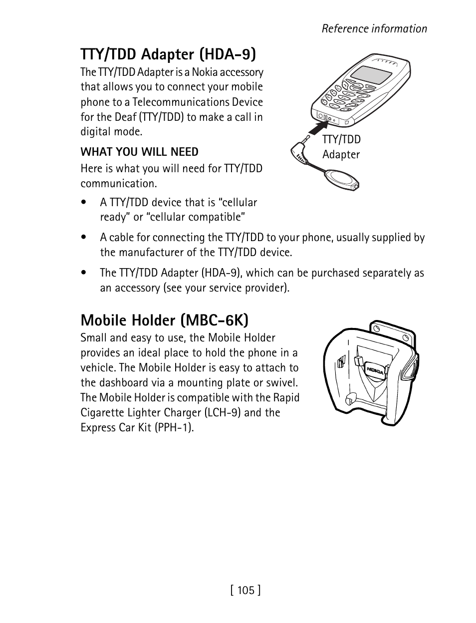 Tty/tdd adapter (hda-9), Mobile holder (mbc-6k) | Nokia 1260 User Manual | Page 112 / 129